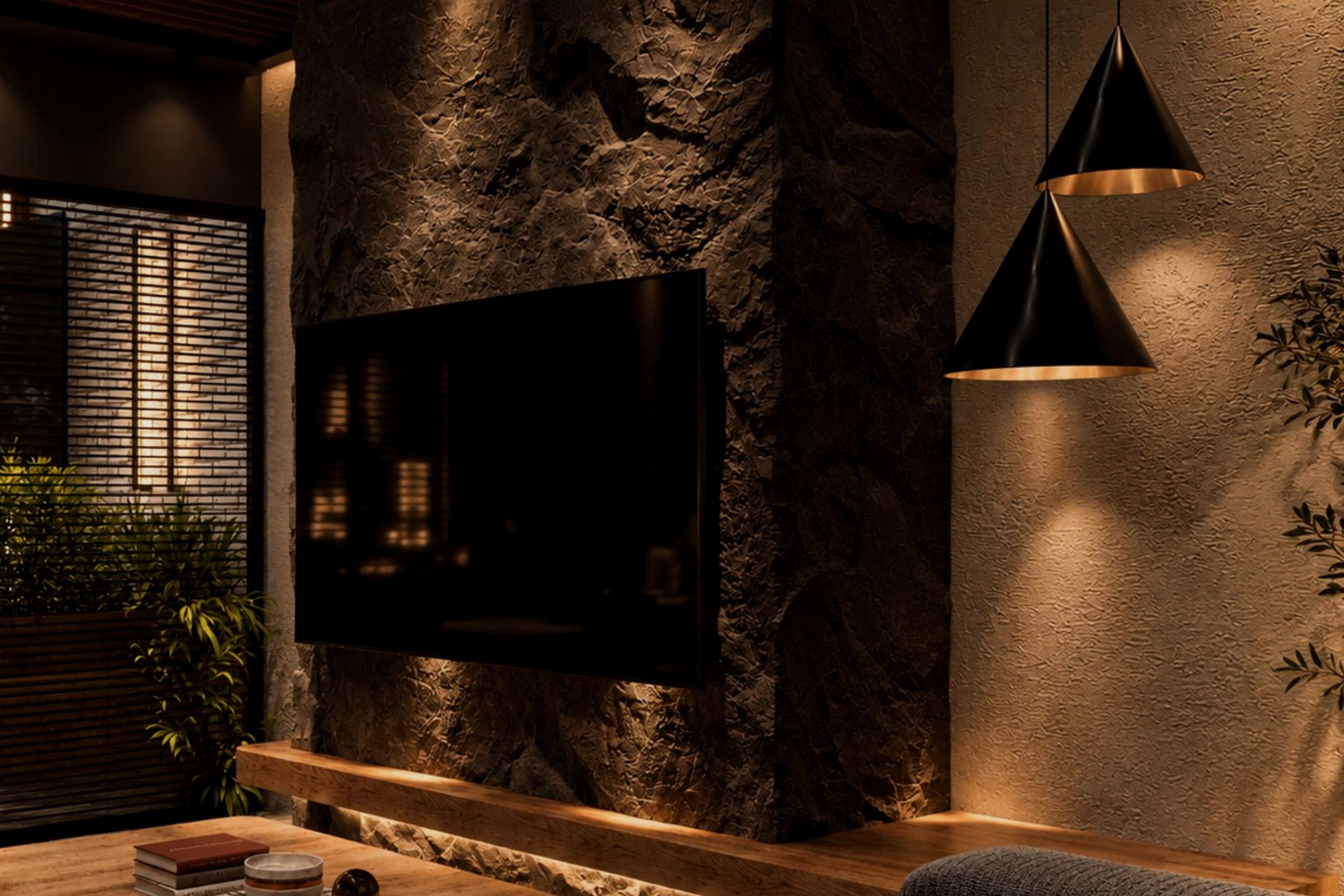 De private dining kamer van Ottoman Amsterdam — ruwe stenen wand, loungebanken en kegelvormige hanglampen
